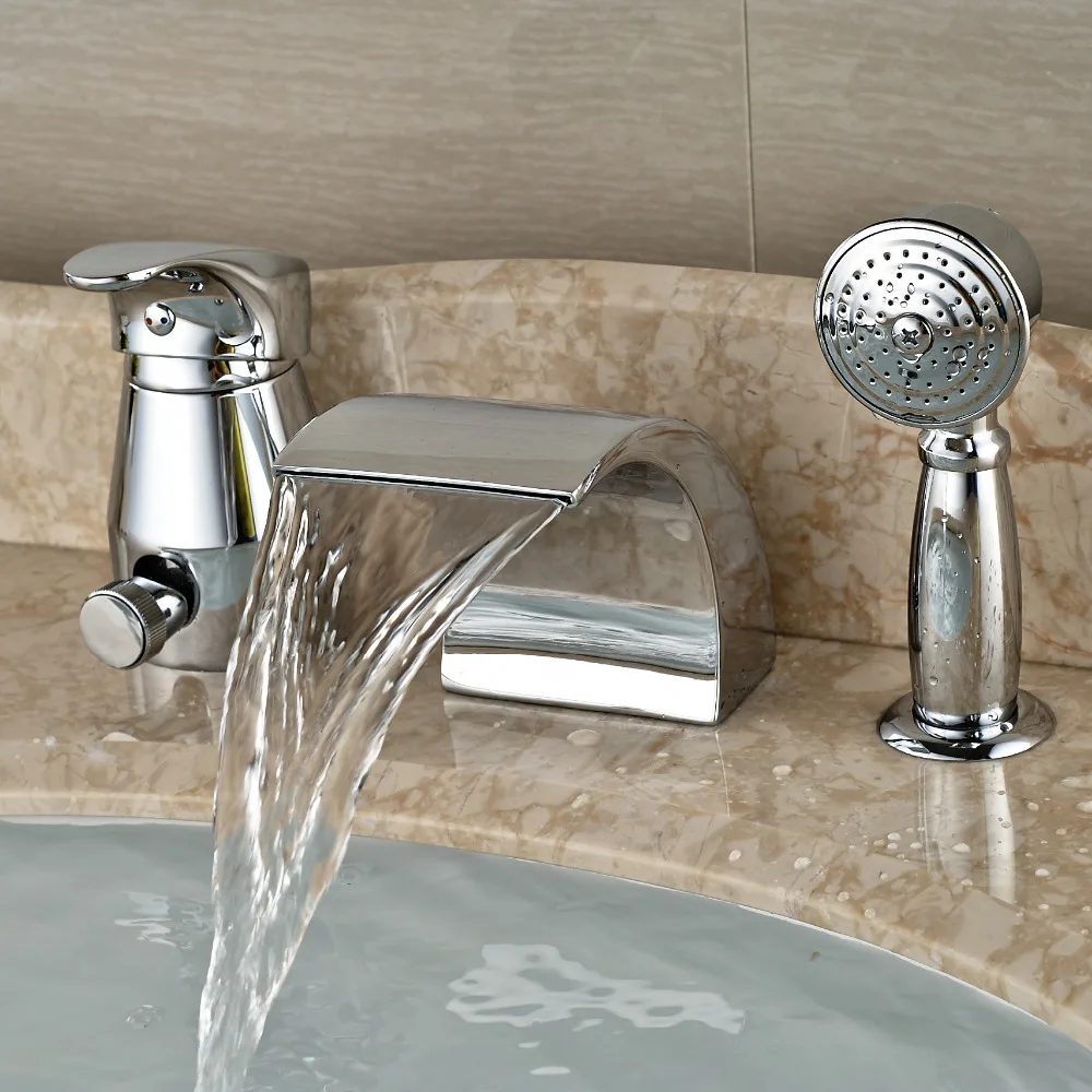 Deck Mount 3pcs Bathroom Tub Filler Widespread Waterfall Bathtub Mixer Taps Single Handle with Brass Handshower