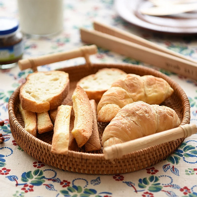 Ротанговая хлебная корзина, Круглый тканый чайный поднос с ручками для сервировки обедов, кофейных завтраков(8,7 дюйма