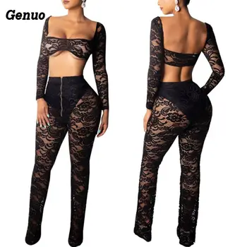 

Women Sheer Lace 2 Pieces Sets Sexy Off Shoulder Long Sleeve Crop Tops + Pants Night Club Costumes Outfits See-Through Clothes