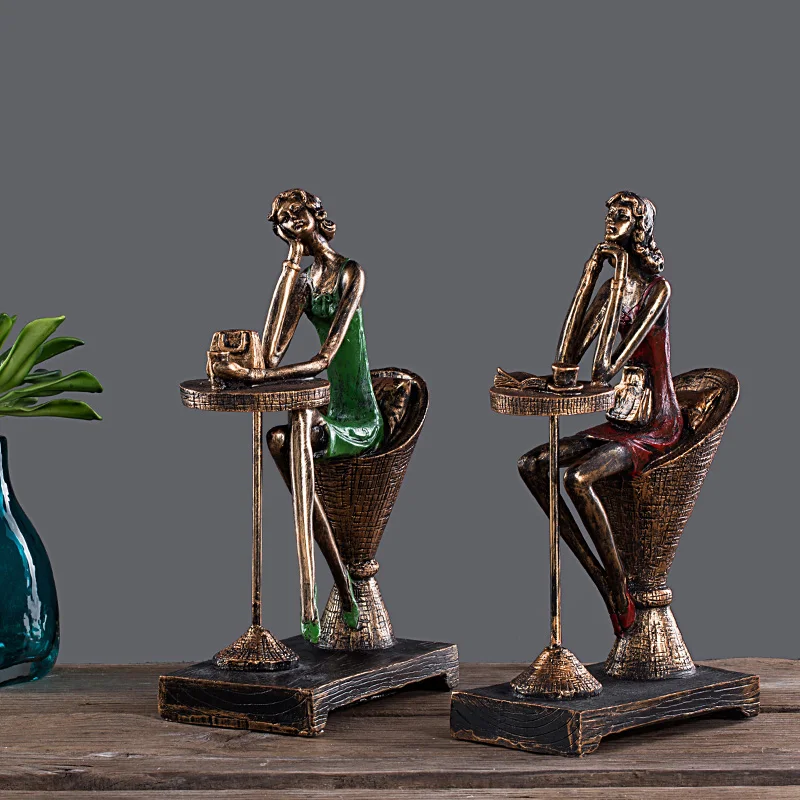 

Lady Sitting On A Stool And Drinking Afternoon Tea Home Decor Accessories Figurine Living Room Ornament Object Office Resin Gift