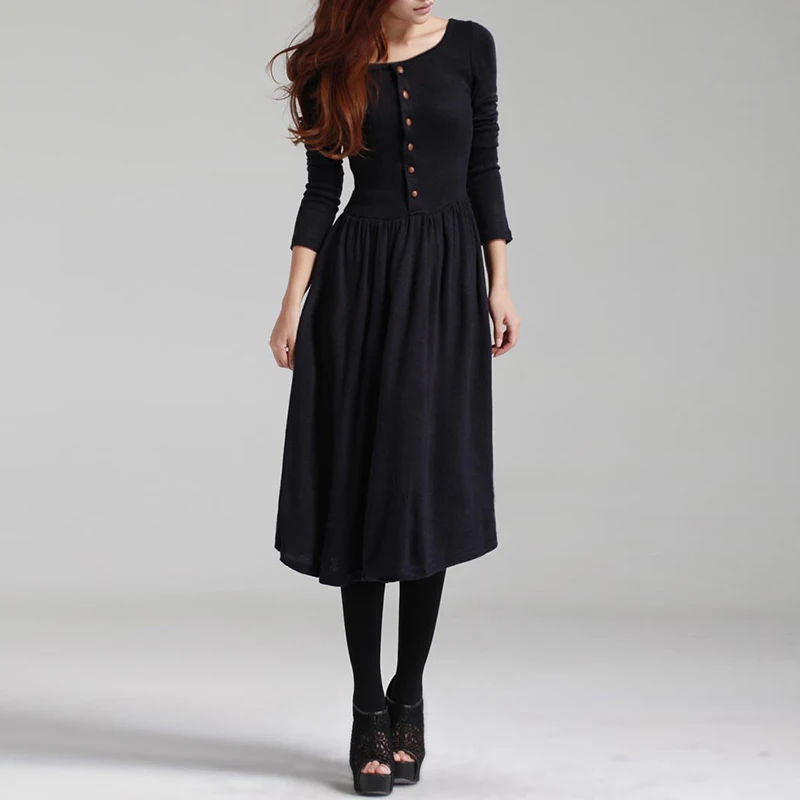 Black/Green 2017 Hot Sale Autumn Winter Dress Women's Long Sleeve Knitted Button Dress Ladies Casual Party Dress  With Belt