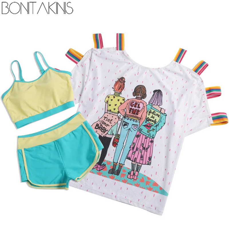 

Bonitakinis Sports Swimsuit three-piece bikini Set Conservative Beachwear Swimwear Running Biquini Bathing Suits