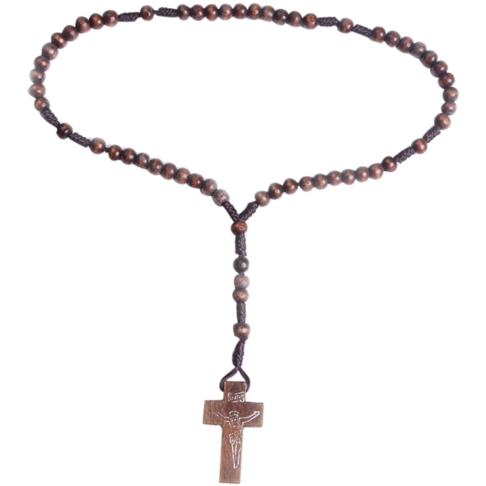 

Unisex Wooden Pendant Necklace Cross Rosary Beads Necklaces Chain (Coffee)