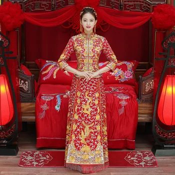 

Dragon gown bride wedding dress chinese style costume Phoenix cheongsam evening dress show clothing slim Style for the Wedding