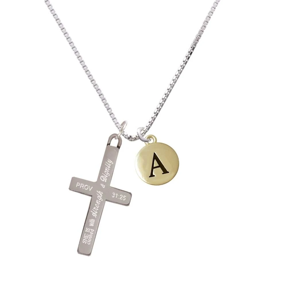 Capital Gold Tone Letter - A - Pebble Disc - - Strength and Dignity - Cross Necklace