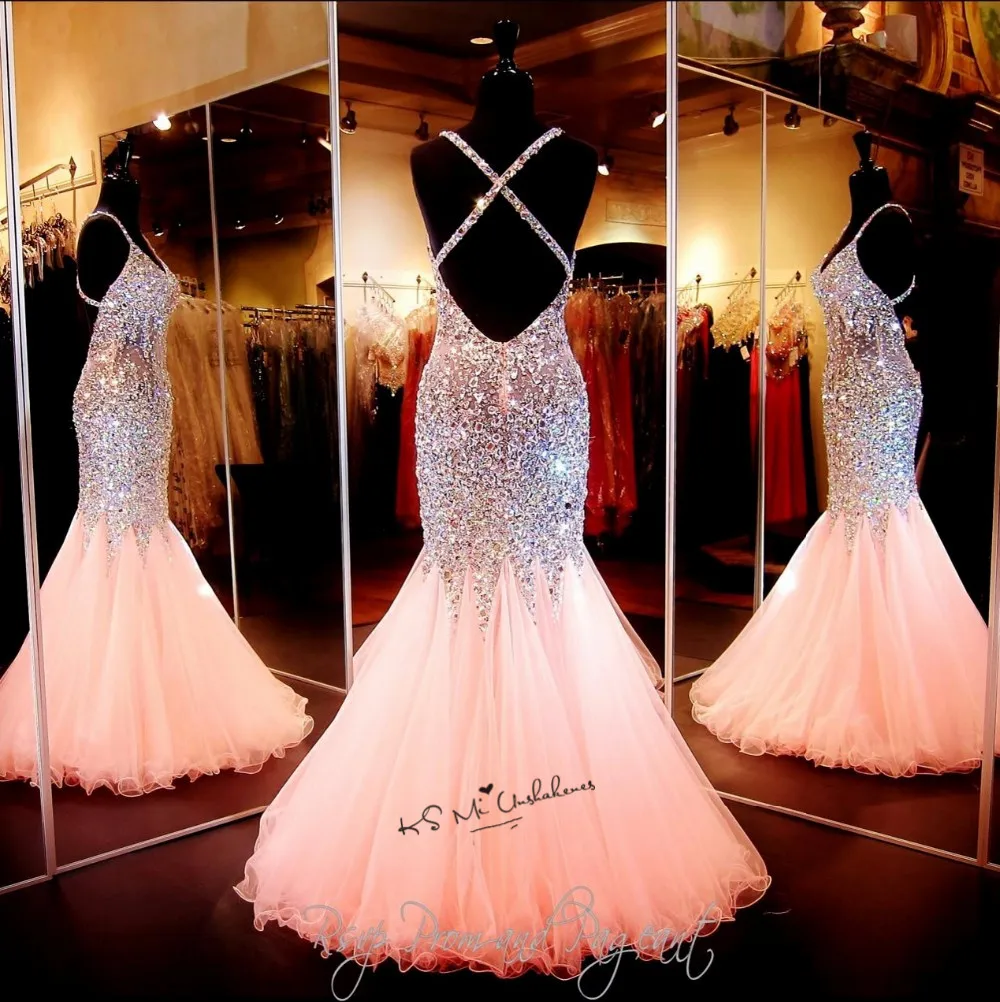 Coral Lavender Luxury Evening Dresses Long Rhinestones Crystals Prom Pageant Women Dress Mermaid Criss-Cross Vestido Longo 2018