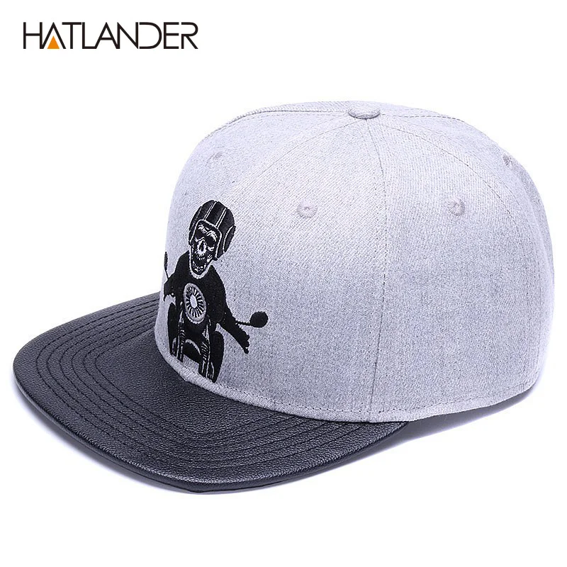 HATLANDER, оригинальная бейсбольная кепка со скелетом, Регулируемая Мужская кепка, кожаная бейсболка кепки, 6 панелей, облегающая Кепка в стиле хип-хоп - Цвет: Grey Black