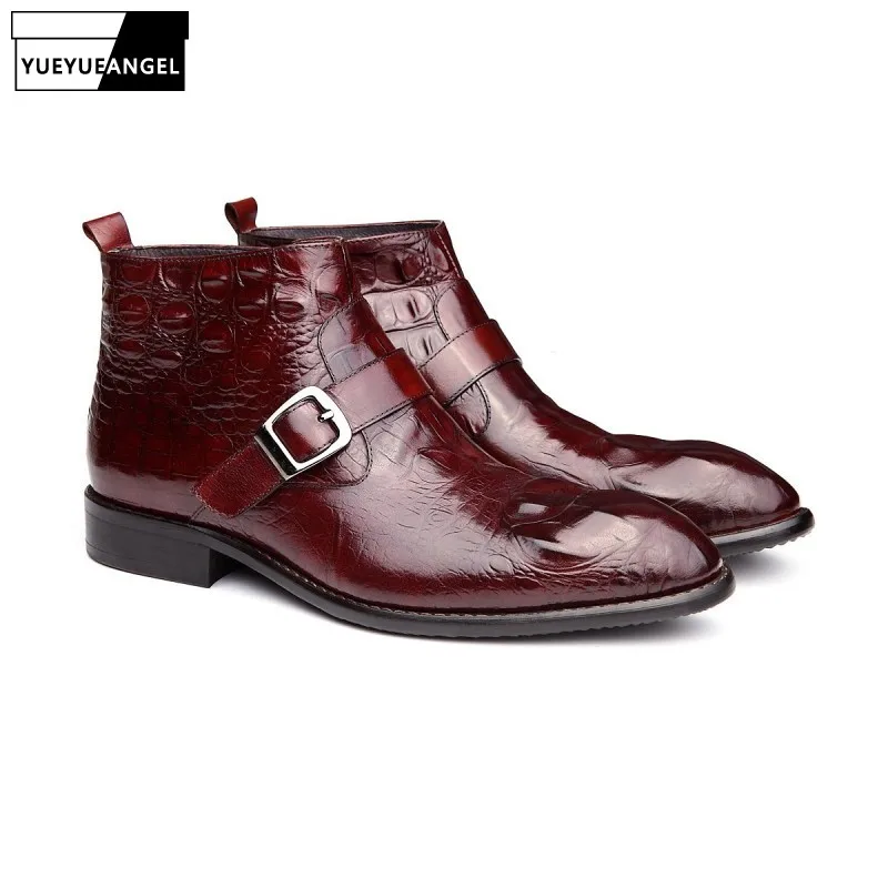 

Men Shoes 2019 New Hot Sale Comfort Grenuine Leather For Men Breathable Dress Wedding Shoes Boots Buckle Side Zipper Brown Black