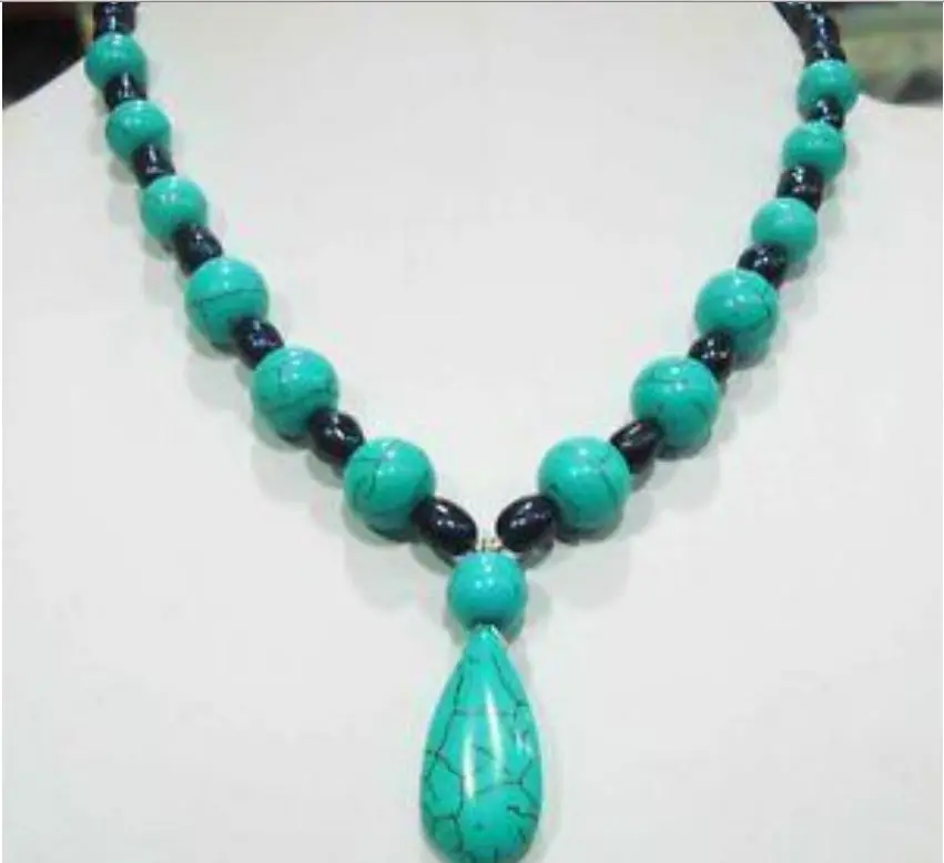 

7-8mm Black Akoya Pearl&Turquoise Necklace 17"AAA+0033