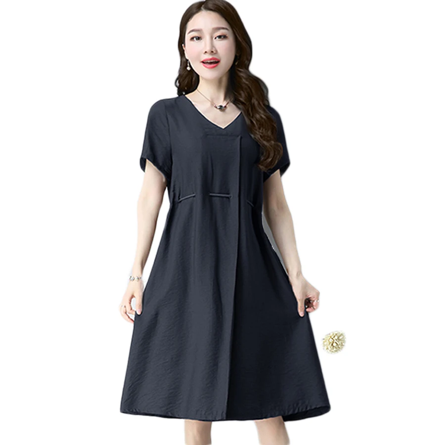 Black Loose Ladies Summer Dresses Large Sizes Drawstring Short Sleeve