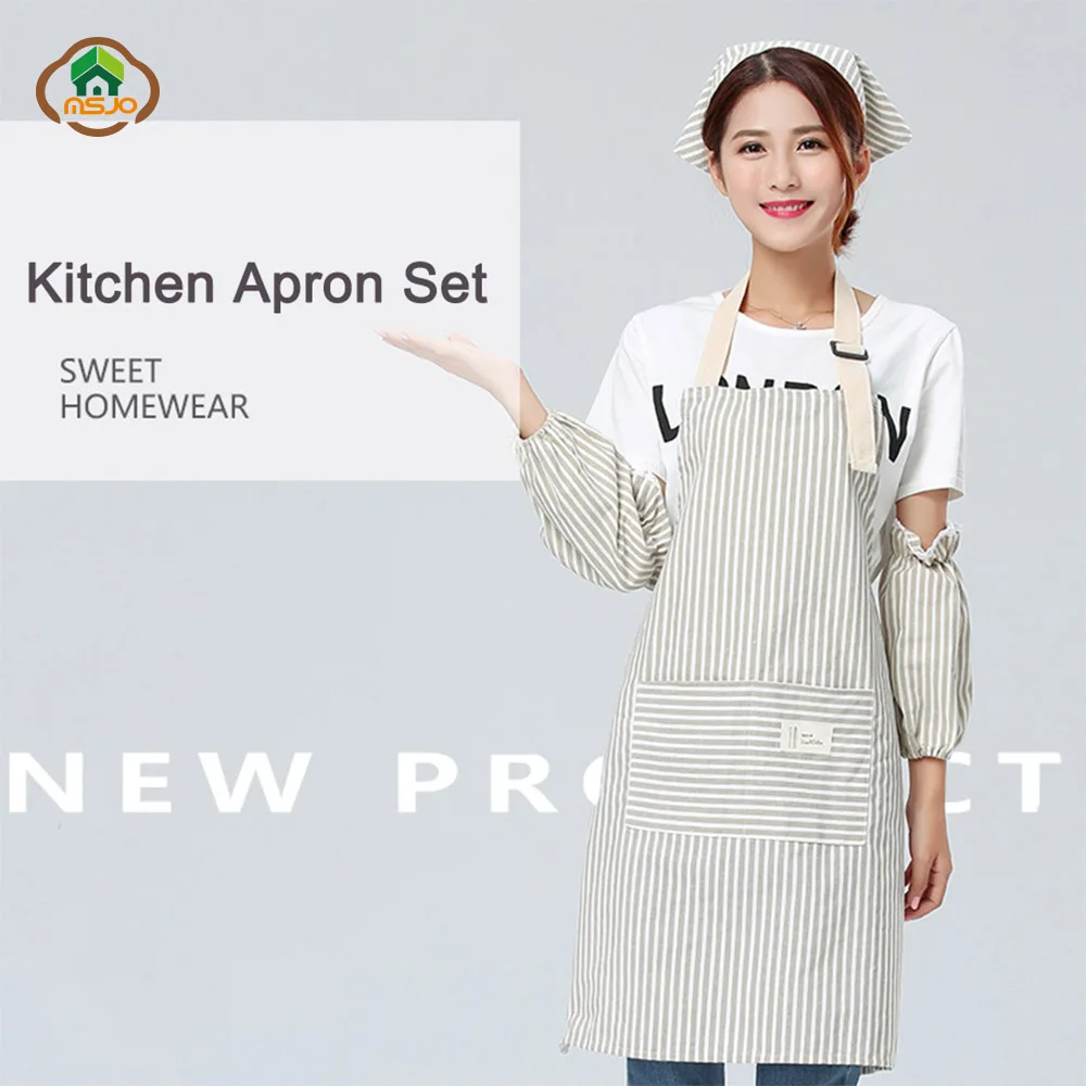 Sleeves Set Waterproof Stripe Women Kitchen Restaurant Apron Girls Cooking
