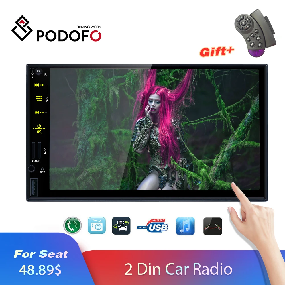 

Podofo Car Radio 2 Din 7'' Touch Screen Car Multimedia Player Steering Wheel Control Mirror Link MP5 Bluetooth USB Microphone