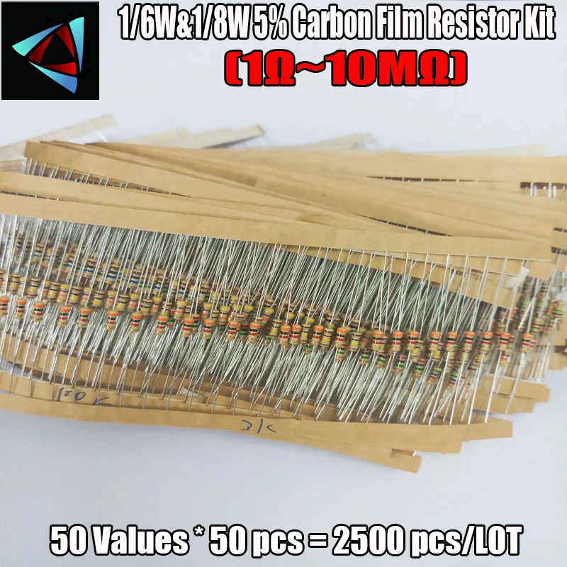 1/6 W & 1/8 W 5% 50valuesx50pcs = 2500 шт 1R ~ 10 м 5% углеродной пленки комплект резисторов в ассортименте