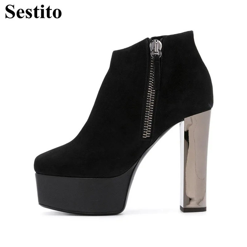 

2018 Fashion Black Flock Platform Zip Woman Boots Round Toe Super High Heel Ankle Boots For Women Square Heels Short Women Shoes