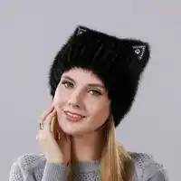 ฤดูหนาว Mink fur น่ารักแมวหูสแควร์หมวก Sequins ฤดูหนาวที่อบอุ่นสำหรับสตรีจริงขนสัตว์ Mink แนวตั้งทอหมวกฤดูหนาว