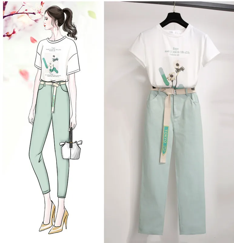 

ICHOIX women 2 pieces pants sets letter printed t shirt summer sets two pieces outfits elegant OL 2 pieces sets Korean style