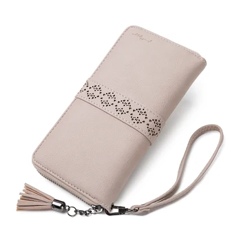 

Hollow Out Pattern Long Style Women Wallets Pu Leather Tassel Zipper Phone Packs with Wristlet High Capacity Cards Purses Ladies
