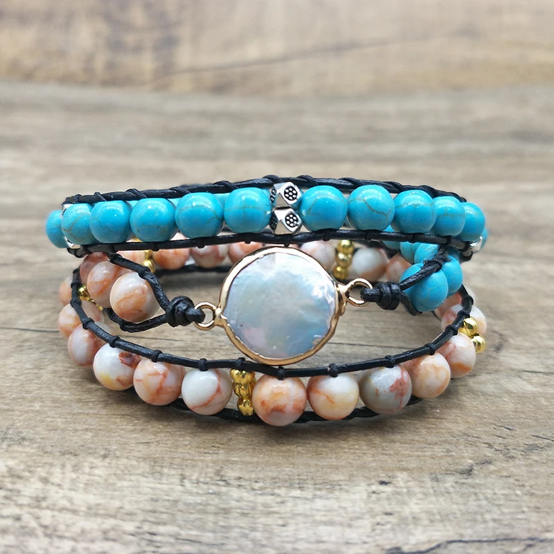 

Shuangsheng natural stone beads hand-woven edging pearls 3 Strands Wrap leather Bracelets Handmade Bohemian Bracelets B246