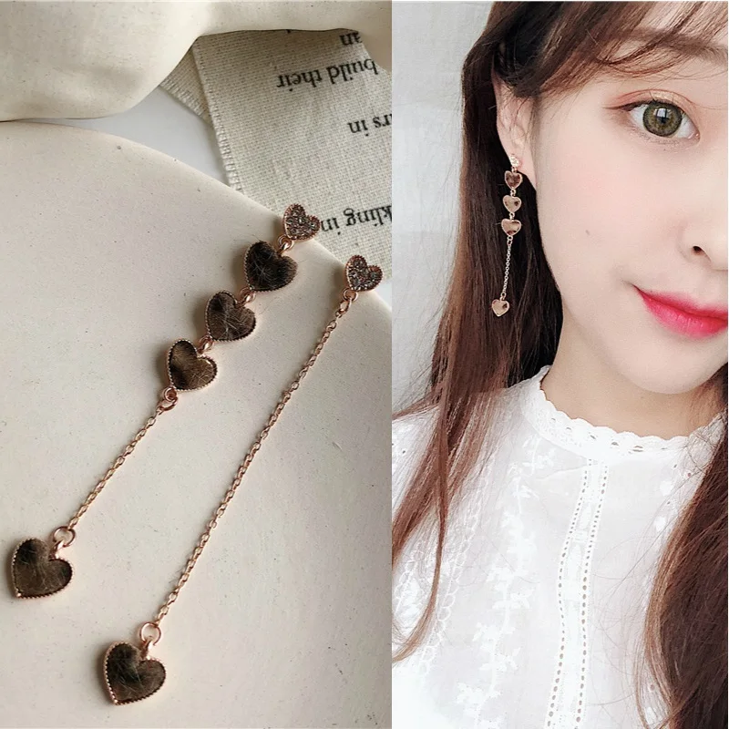 

Fashion Leopard Print Small Hearts Clip Earing Love Long Chain Asymmetric Rhinestone Earrings Best Selling 2018 Products