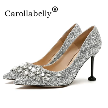 

2018 sexy glitter women shoes sequined shoes pumps,8cm high heels pointed toe wedding rhinestone bridal shoes
