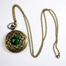 Fashion Quartz Pocket Watch Big Hollow Emerald Stone Vintage Necklace Pendant Fob Watches Clock Chain for Men Women Gifts fashion cute girl picture pocket watch with necklace pendant clock chain jewelry gifts lxh