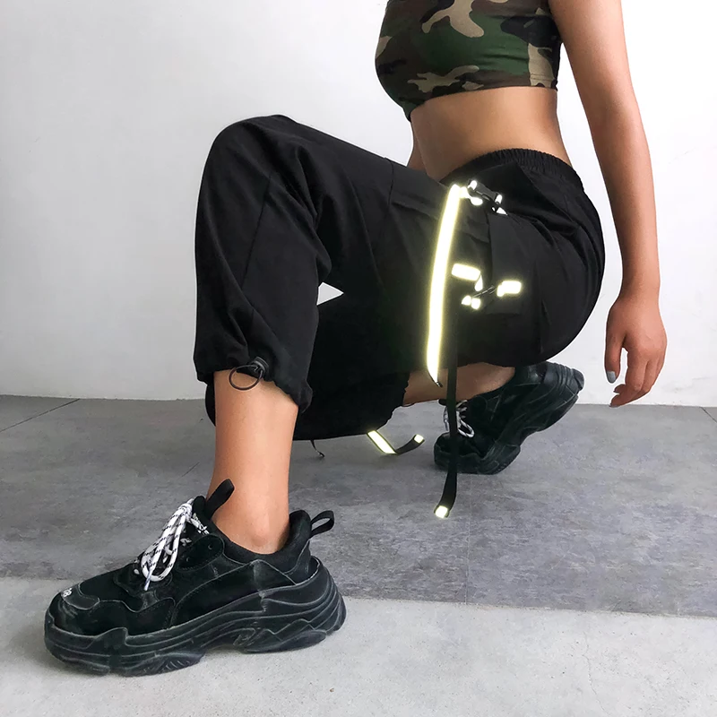 

2019 Reflective Strip Pockets Patchwork Pants Cargo High Elastic Waist Women Trousers Joggers Hip Hop Pants Capris Cuteandpsycho
