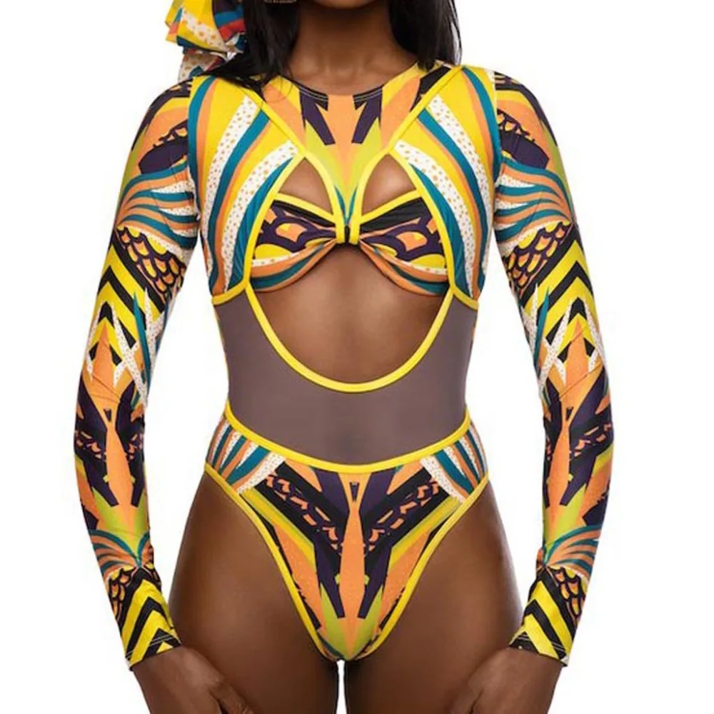 

One piece Swimsuit 2019 Swimwear women RashGuard Sexy Swimming suit for women Totem print Monokini mesh Surfing bathing suit new