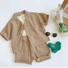 Летние модные комплекты одежды для маленьких мальчиков; костюмы из 2 предметов; детская хлопковая льняная рубашка с короткими рукавами и шорты; комплекты детской одежды