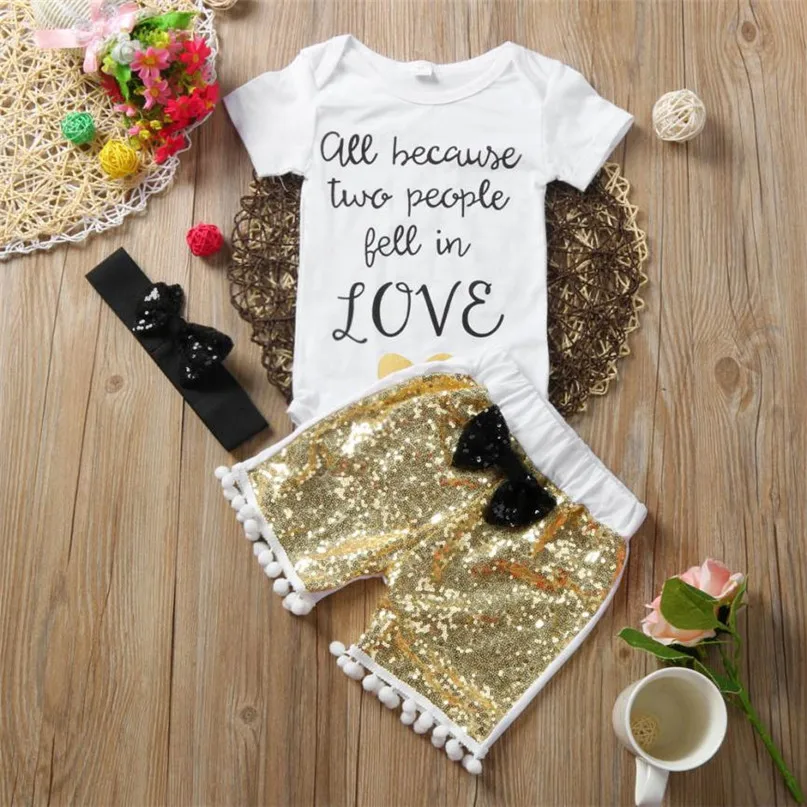 White Color Hot Cute Newborn Infant Baby Boy Girl Short Sleeve Jumpsuit + Sequin Pant + Headband Set drop shipped ST05