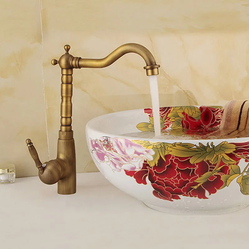 Antique Brass Basin Faucet Deck Mounted Bathroom Vanity Sink Faucet 360 Rotation Hot and Cold Water Mixer Tap KD1170 Antique Brass Basin Faucet Deck Mounted Bathroom Vanity Sink Faucet 360 Rotation Hot and Cold Water Mixer Tap KD1170