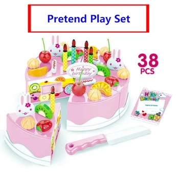 

New Pretend Kitchen Toys Pretend Play Cutting Birthday Cake 38pcs Kids Toy Children Educational Fruits Cut Food For Girls Gift