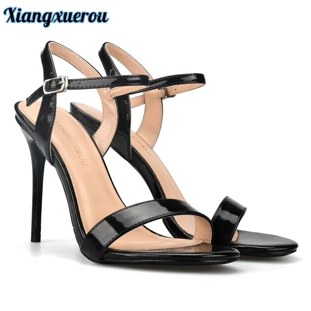 Xiangxuerou 2018 Summer Thin Heels Women Sandals Black Color Buckle Strap Patent leather High Heels Fashion Open Toe Sandals