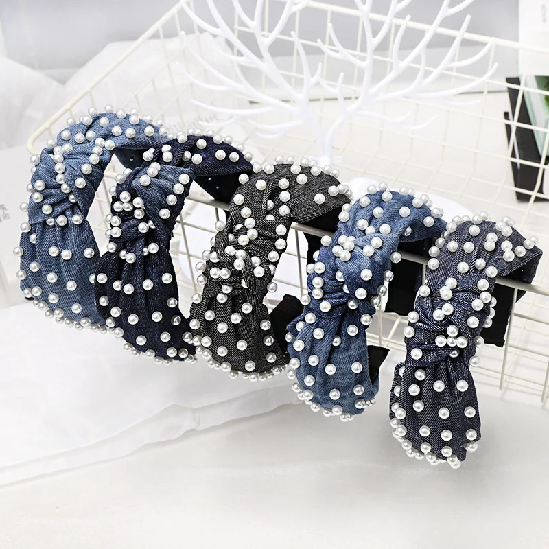 

Vintage Denim Knotted Hairband With Pearl Knot Headband Hair Accessories Hair Jewelry