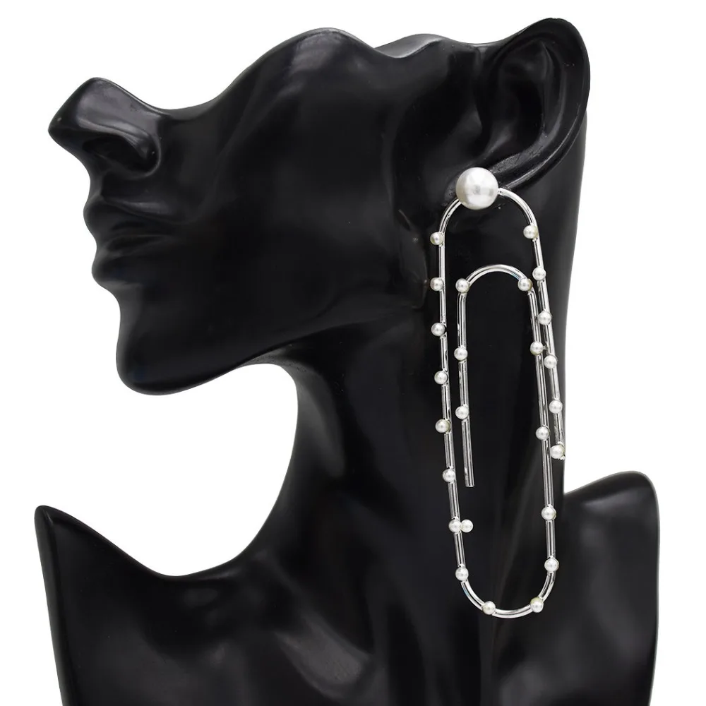 

4 Styles Unique Silver Gold Metal Faux Pearl Drop Earrings Punk Creative Paper Clip Shaped Statement Earrings for Women Jewelry