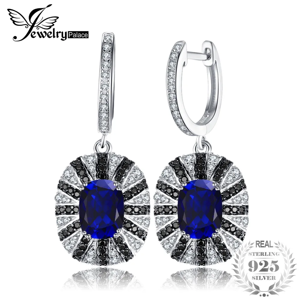 

JewelryPalace Luxury 7.1ct Created Blue Sapphires Black Spinels Dangle Earring Solid 925 Sterling Silver Vintage Fine Jewelry