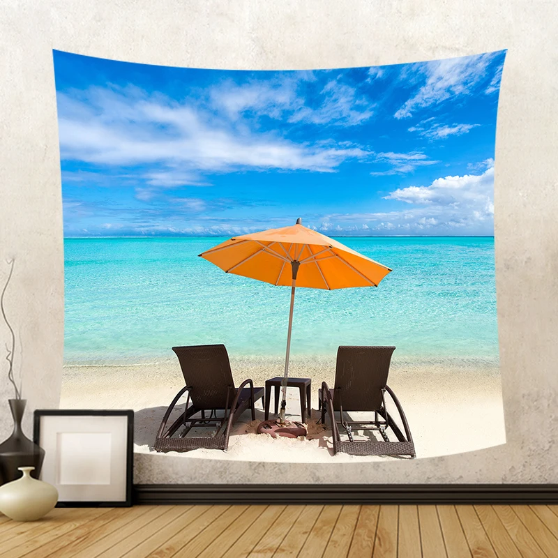 

Beautiful Seaside View Beach Chair Wall Hanging Tapestry Umbrella Lounger Beach Towel Pretty Sky Blue Sea Yoga Mat Decorate Home