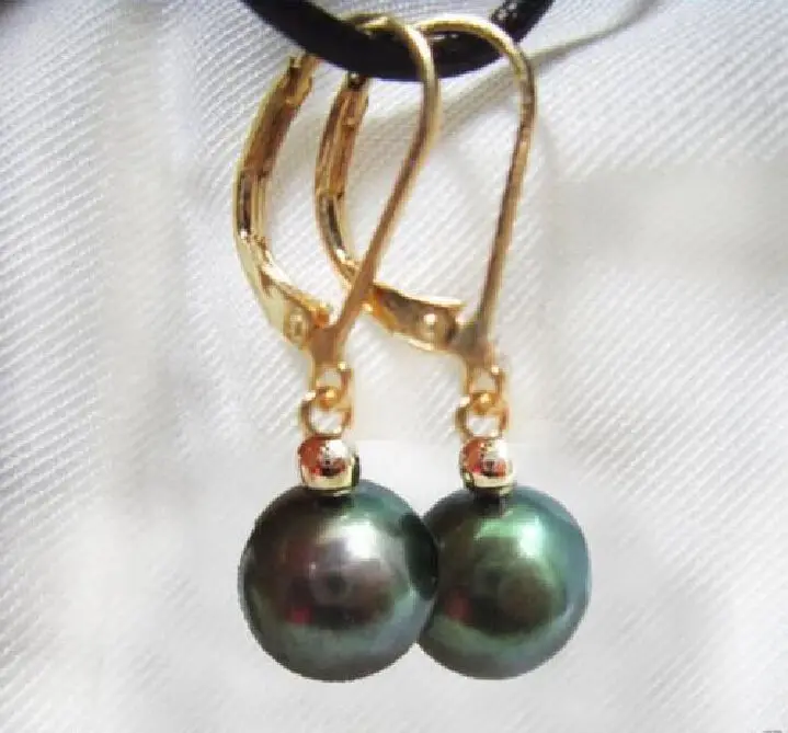 

free shipping charming AAA 9-10mm natural tahitian black pearl earring 14k/20 yellow Gold hook
