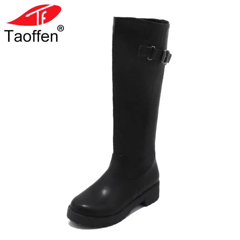 

Taoffen Women's Winter Flats Boots Metal Buckle Fur Knee High Boots Fashion Simple Warm Shoes Women Ladies Footwear Size 34-43