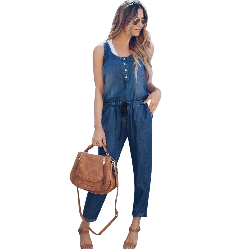 Mafulus Women's Summer Sleeveless Jumpsuit Romper - Scoop Neck, Drawstring Waist, Shorts With Pockets