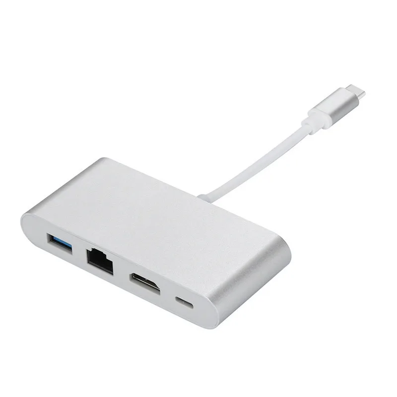 4 в 1 тип-c к HDMI 4K+ RJ45 LAN сети+ USB 3,0+ type C адаптер конвертер AC1403 40JUL17 - Цвет: Серебристый