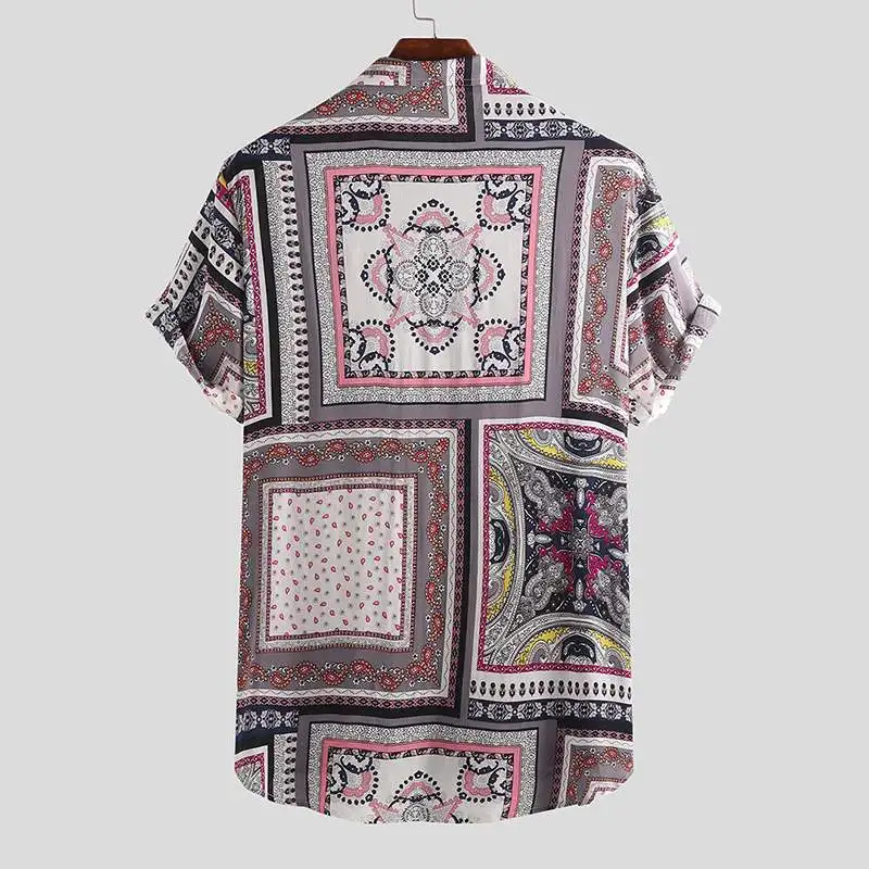 Summer Vintage Ethnic Style Men Shirt Loose Printing Button High Quality Short Sleeve Vacation Beach Hawaiian Shirts Camisa