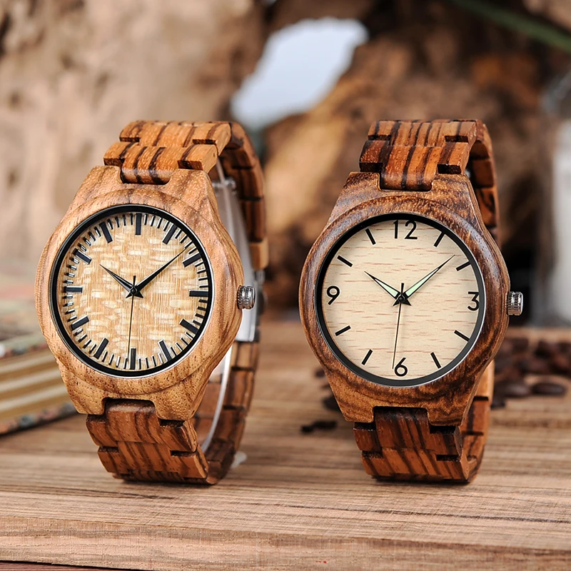 BOBO BIRD Mens Zebrawood Wooden Watches with Wood Strap Quartz Analog with Quality Miyota Movement Tri-Fold Clasp