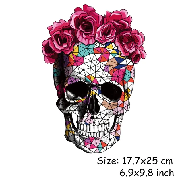 Skull Flower Iron On Patches For Clothing Summer Fabric Badge Stickers Clothes Jeans Washable Decoration Heat Skull Flower Iron On Patches For Clothing Summer Fabric Badge Stickers Clothes Jeans Washable Decoration Heat Transfer Parches
