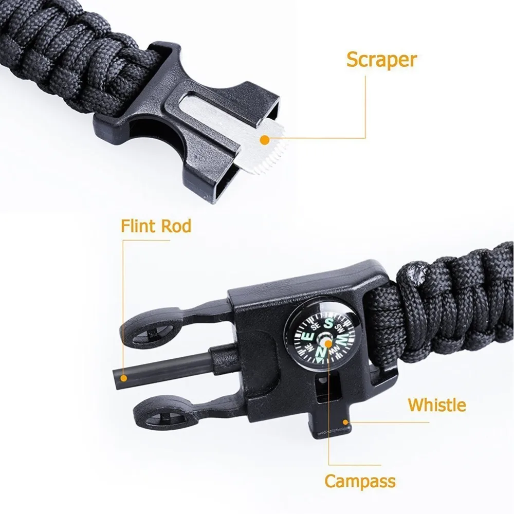 2PCS 5 IN 1 Multifunctional Paracord Bracelet Outdoor Survival Kit W Compass Flint Fire Starter Scraper Whistle Tow Rope for Hiking Camping Emergency RL21-0018 function2