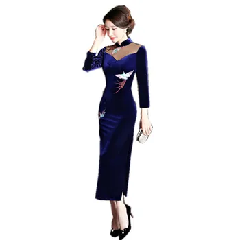 

2018 new Navy blue Velvet Qipao dress Chinese Style Women Mandarin Collar Long Cheongsam Dresses Plus Size M L XL XXL XXXL 4XL