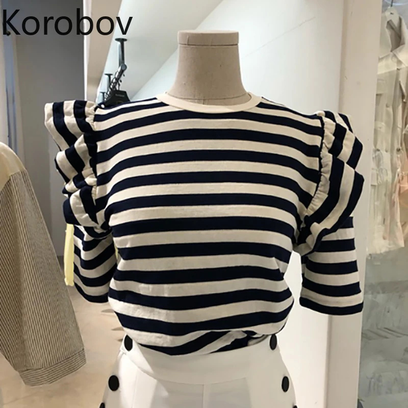 

Korobov Korean Vintage Striped O Neck Women T Shirt Summer New Vogue Ruffles Short Sleeve Female T Shirts Elegant Tee Tops 78083