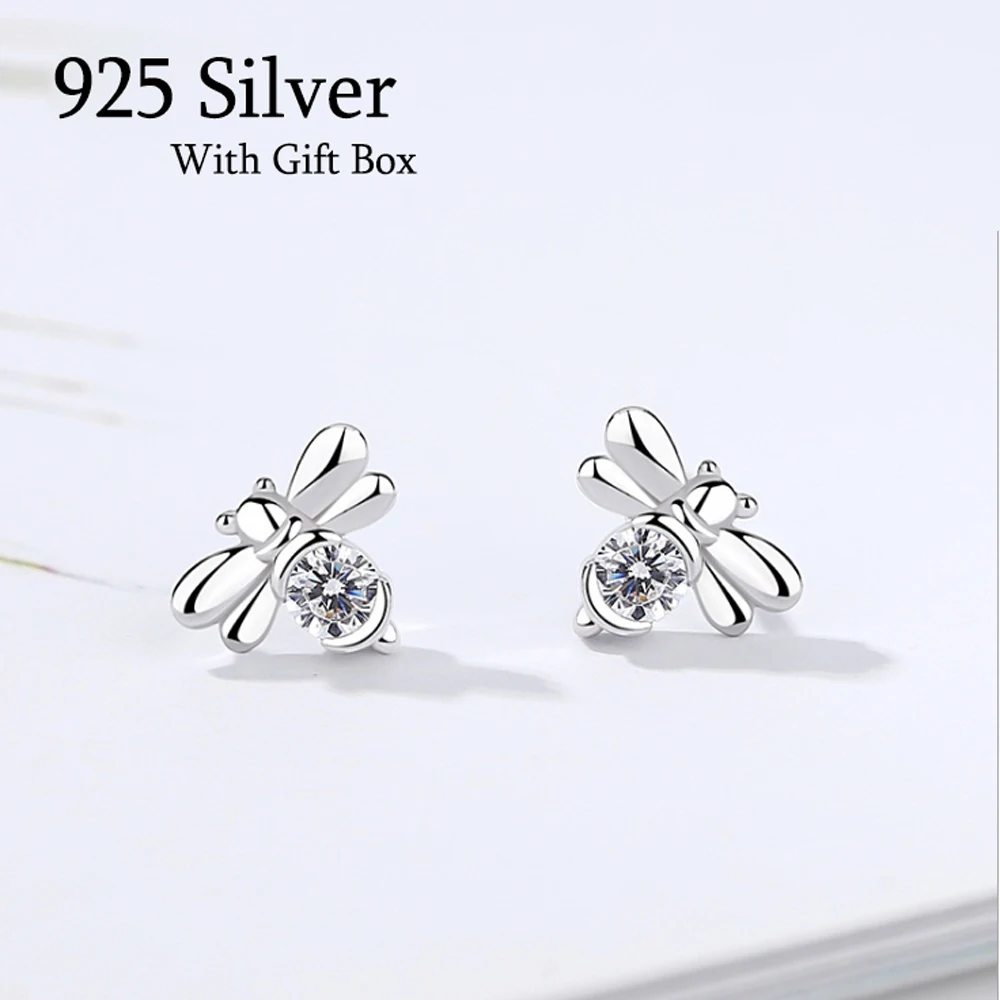 S925 Sterling Silver Earrings Women Fashion Honey Bee Earring Honeybee Rhinestone Ear Studs Jewelry Gift box | Украшения и