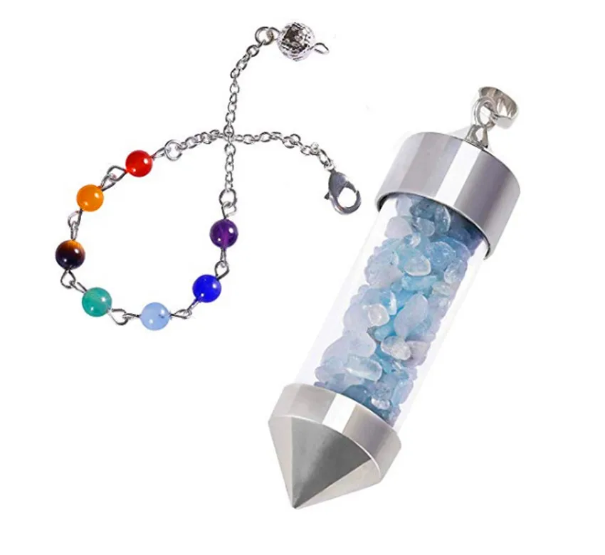 

FYJS Unique Silver Plated Wish Bottle Aquamarines Crystal Pendant Healing Chakra Chain Jewelry