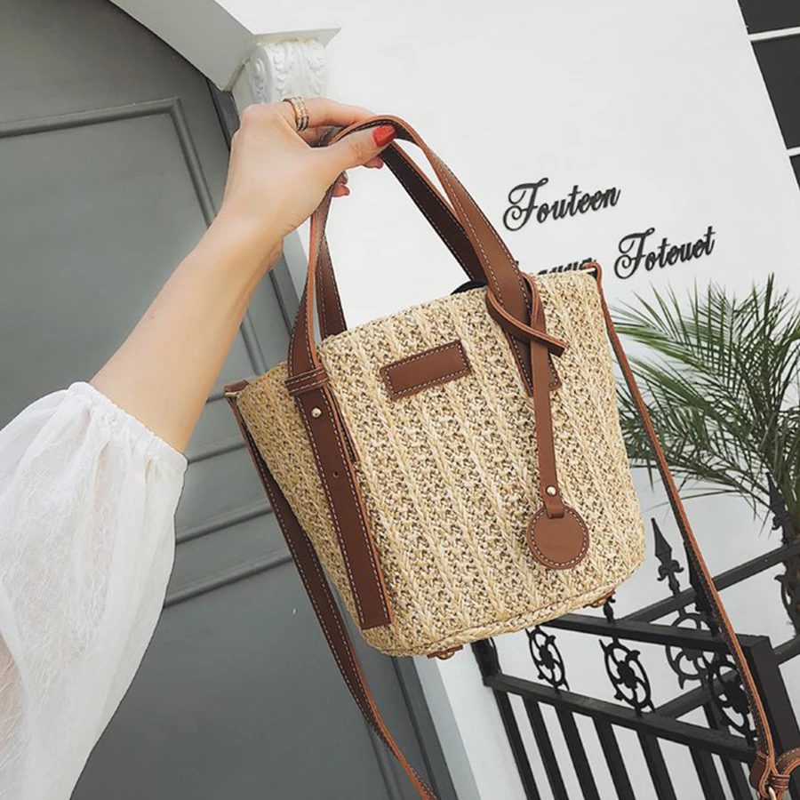

Casual Woven Straw Composite Bag For Lady High Quality Pu Shoulder Strap Messenger Bags Women Summer Beach Vacation Handbag New