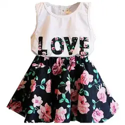 Детская одежда 2017 новое летнее платье для девочек со словом "love" на топе и юбкой с цветочным принтом комплект детской одежды с короткой юбкой